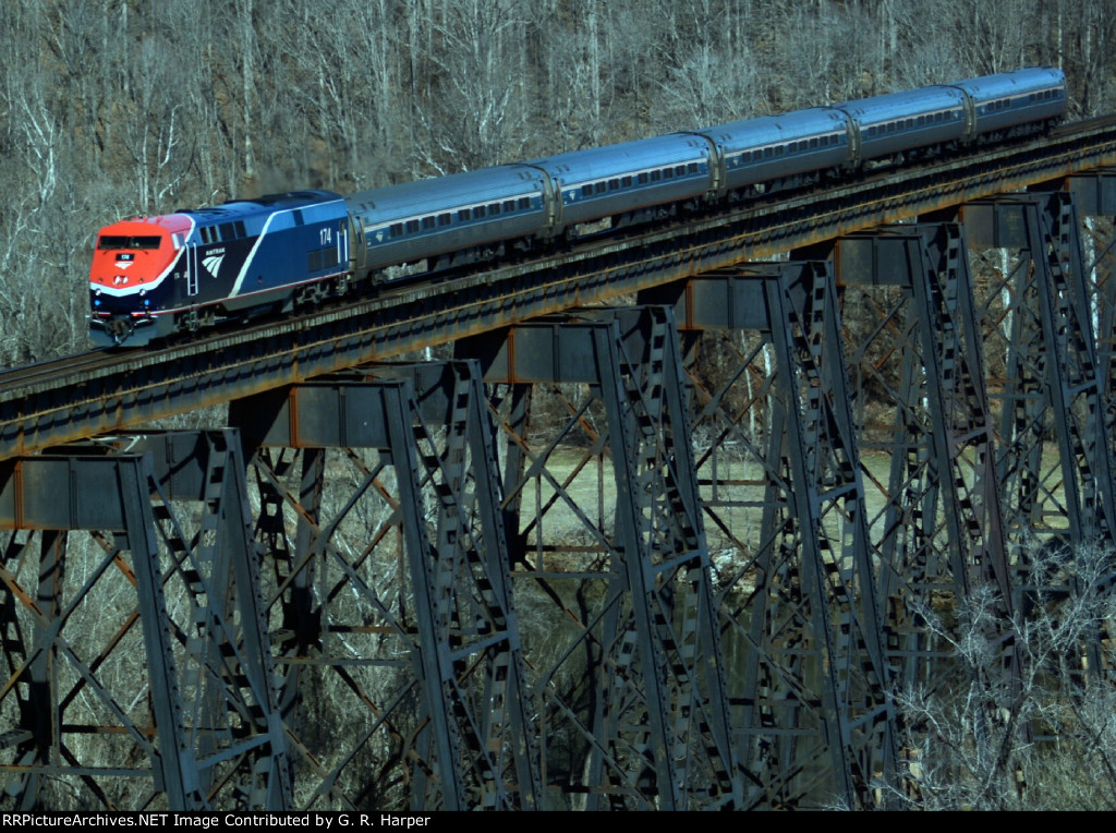 Phase VII P42 174 brings train 151 across the James River.  Lynchburg stop is five minutes away